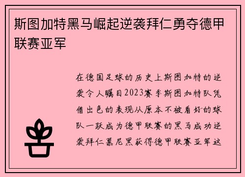 斯图加特黑马崛起逆袭拜仁勇夺德甲联赛亚军 斯图加特黑马崛起逆袭拜仁勇夺德甲联赛亚军