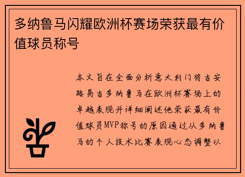 多纳鲁马闪耀欧洲杯赛场荣获最有价值球员称号 多纳鲁马闪耀欧洲杯赛场荣获最有价值球员称号